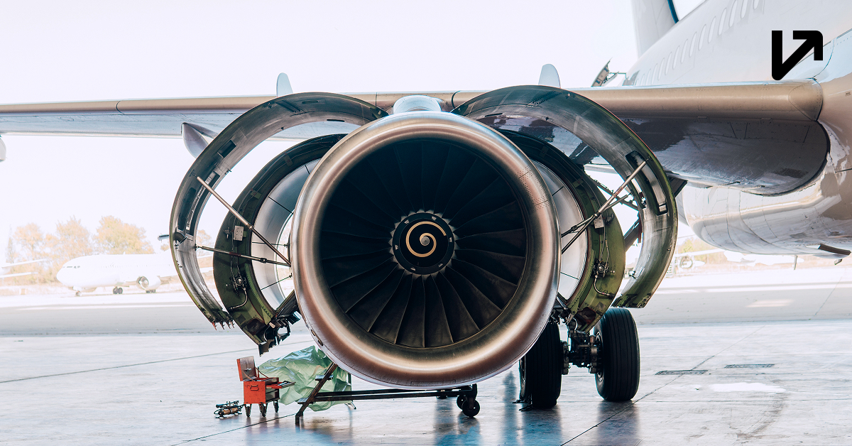 Close-up of an aircraft engine in a hangar