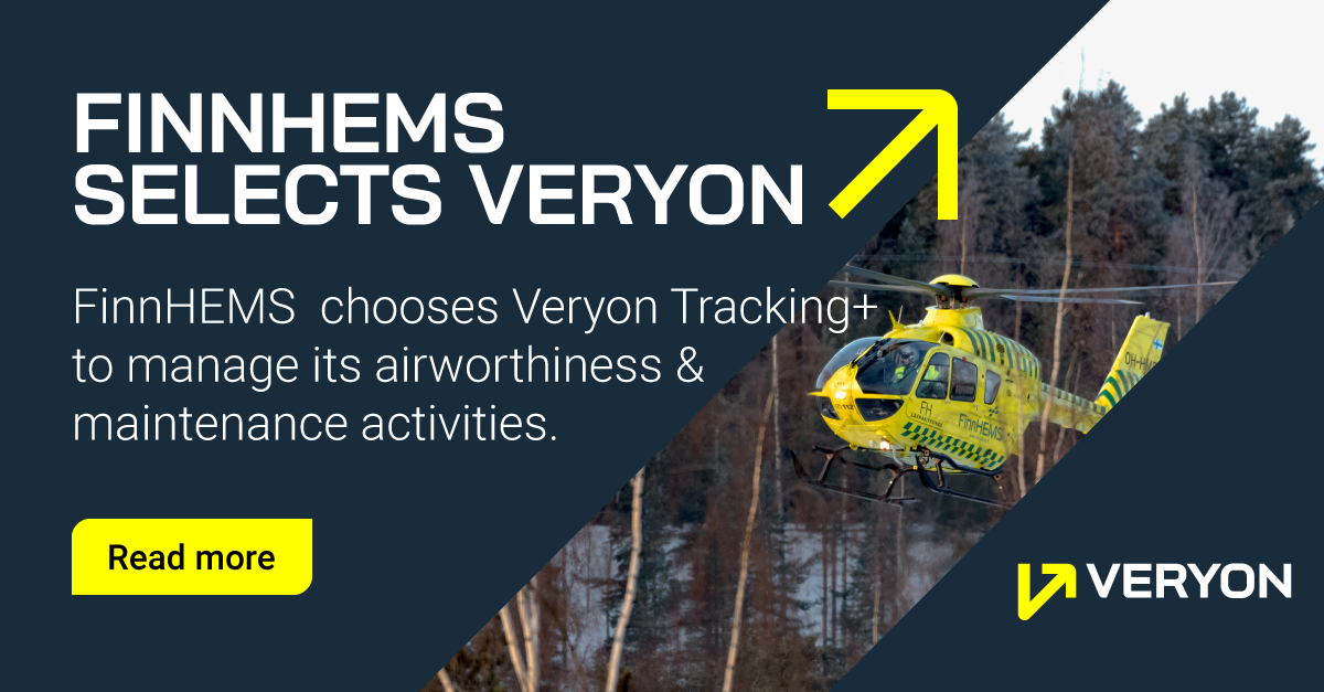 State-owned emergency medical operator FinnHEMS, has opted for our Veryon Tracking+ software to manage its airworthiness and maintenance activities.