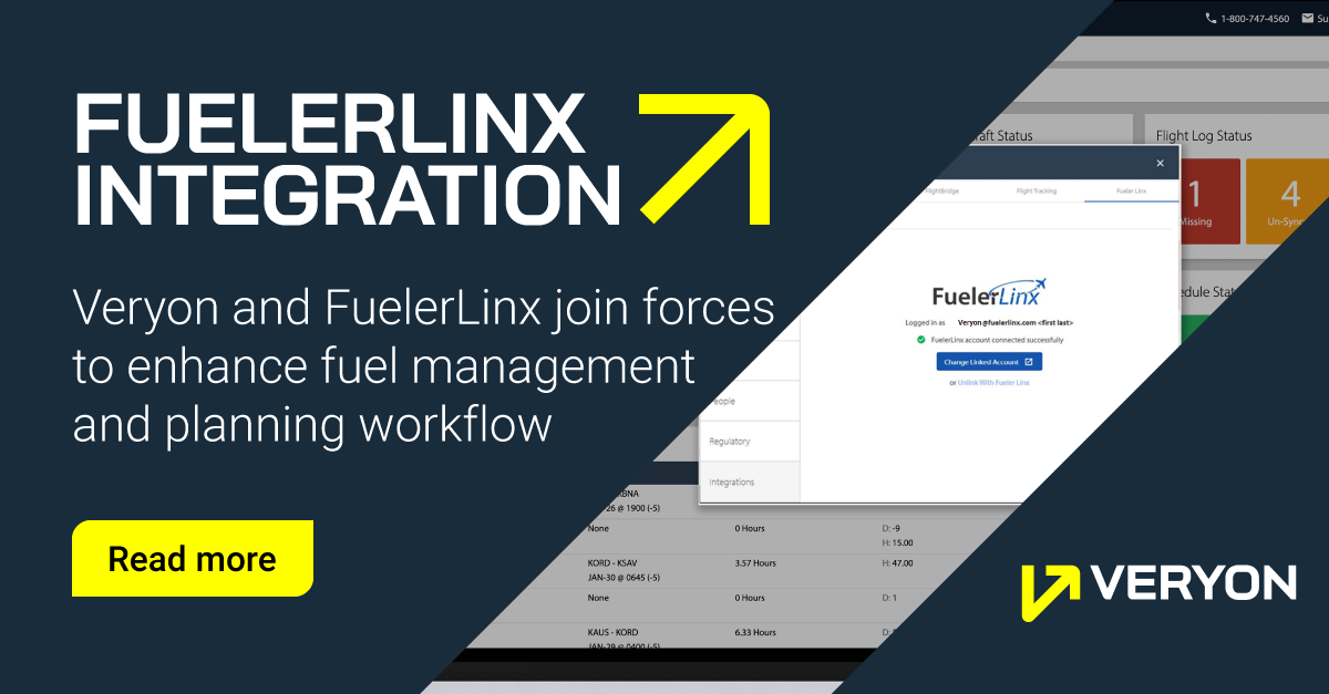 Veryon announces the integration of Veryon Flight Operations with FuelerLinx, the premier software solution used by business aviation operators.